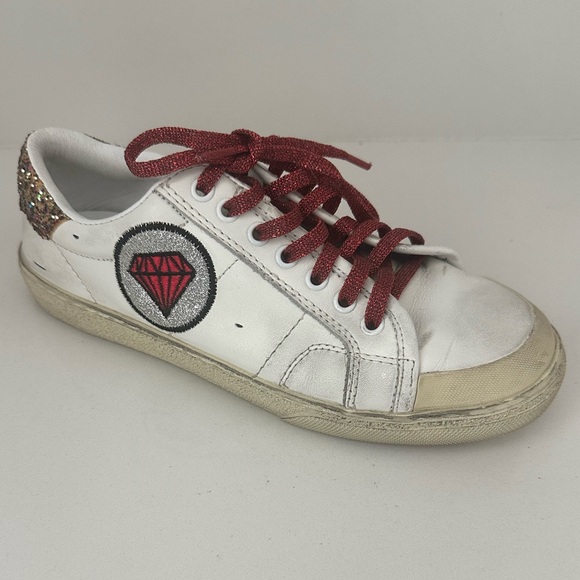 Saint Laurent Paris White Leather Glitter Diamond Patch Low Top Sneakers Size 36 - Picture 1 of 11